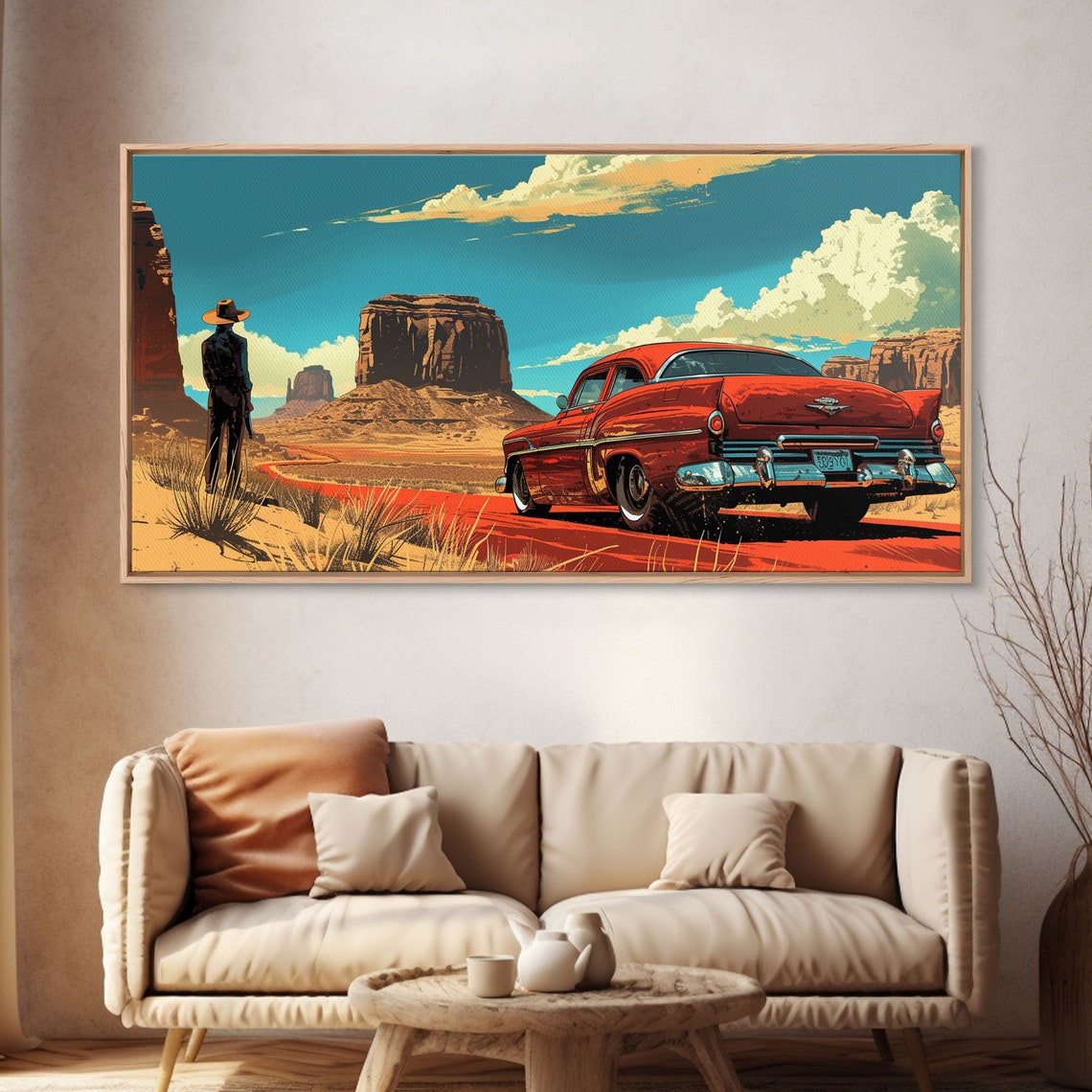 Red 1950s Classic Hot Rod Desert Highway Cowboy Pop Art Poster - Image 4