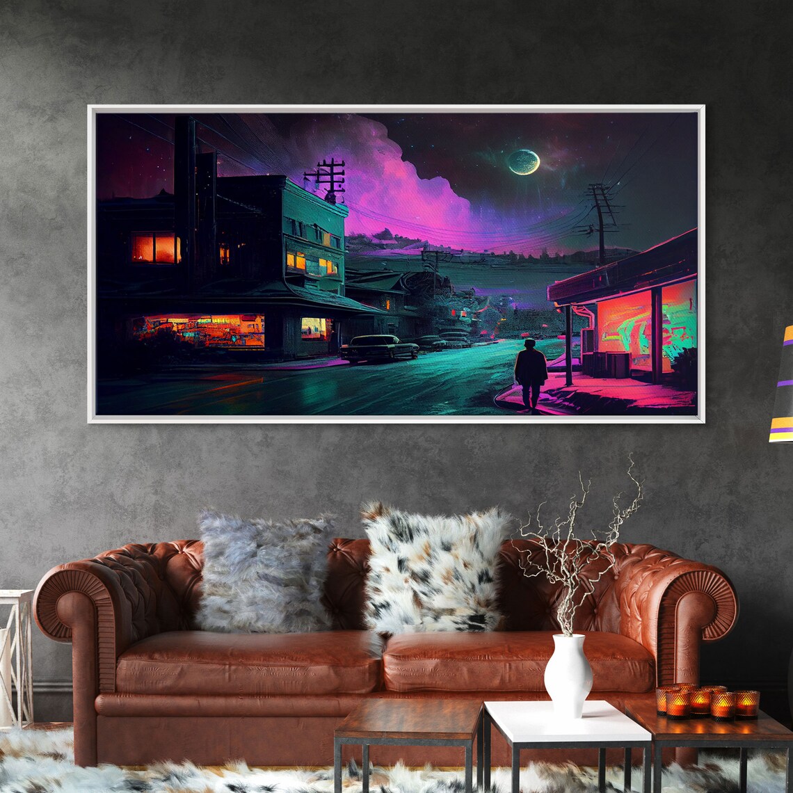 Neon City Street Night Moon Lone Figure Retro Sci Fi Town Poster