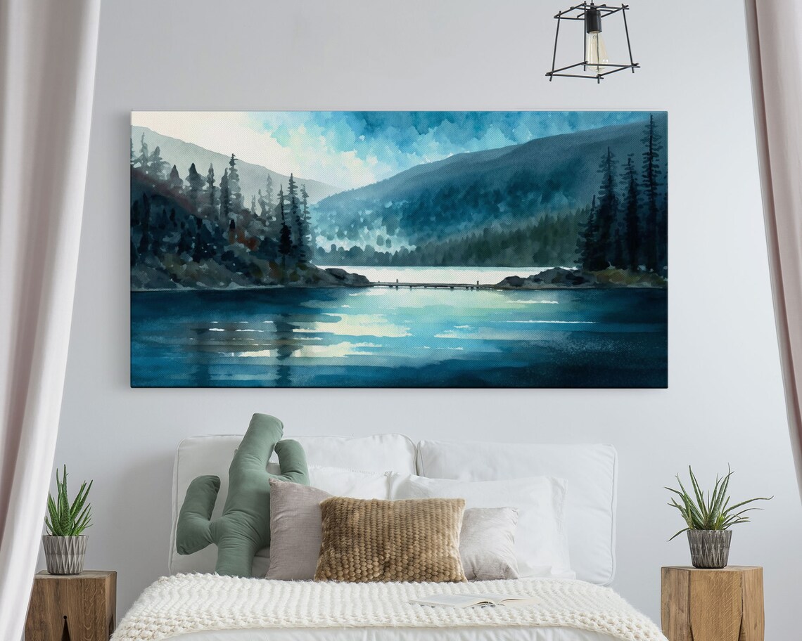 Blue Mountain Lake Pine Forest Watercolor Calm Scenic Landscape Poster - Image 4