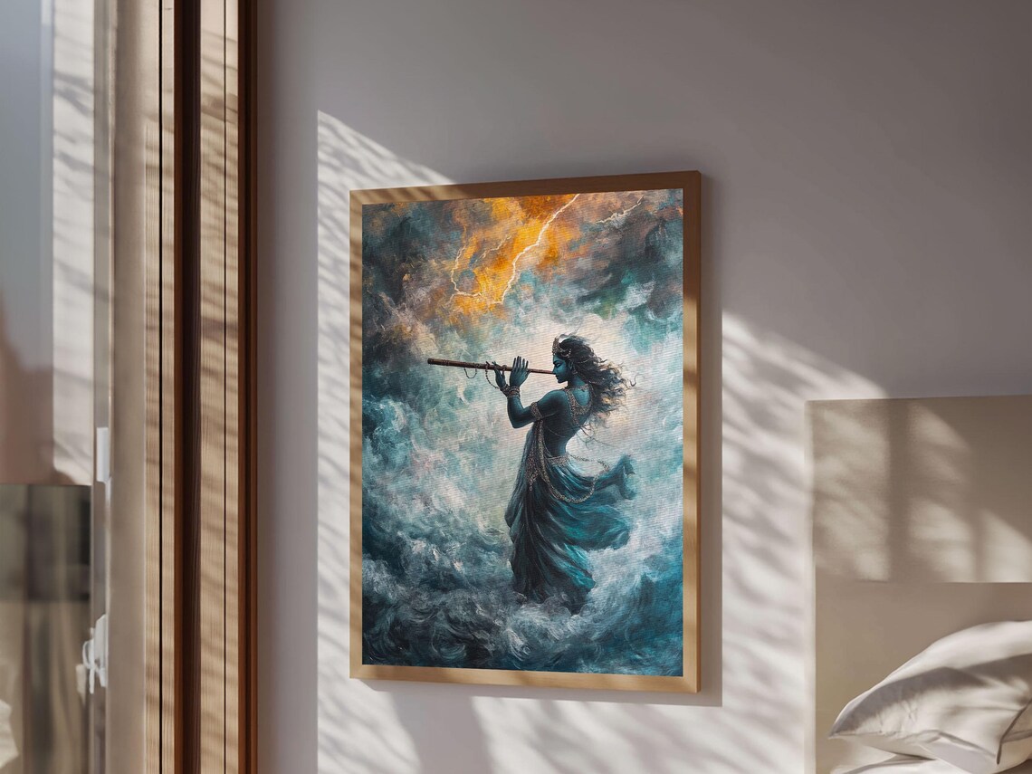 Radha Krishna Playing Flute Art Print, Hindu Art - Image 3