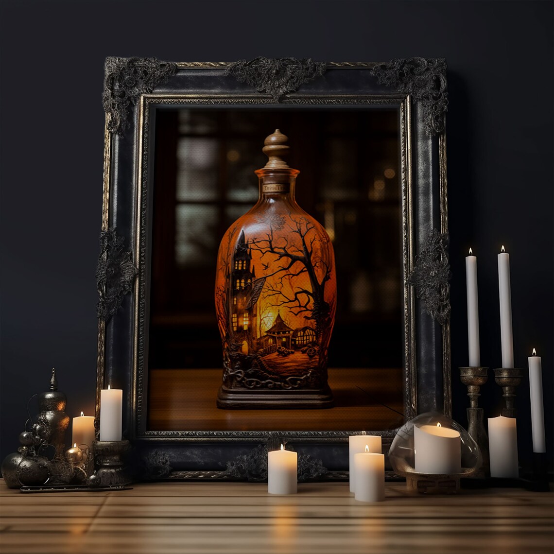 Spooky Haunted House In A Jar Glowing Glass Bottle Halloween Print - Image 6