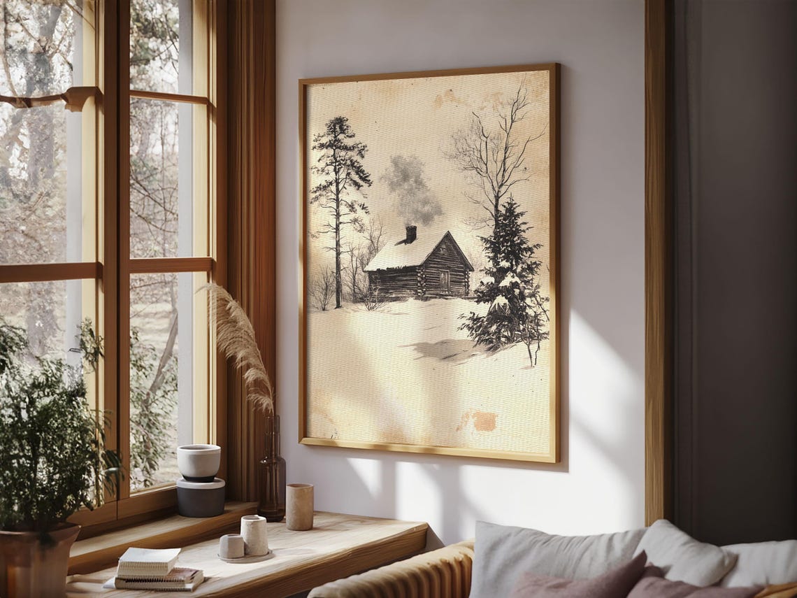 Vintage Snow Covered Log Cabin in Winter Forest Sketch Art Poster - Image 2