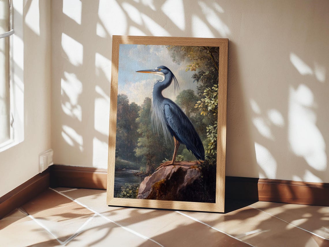 Great Blue Heron Standing on Rock River Landscape Wildlife Art Print - Image 5