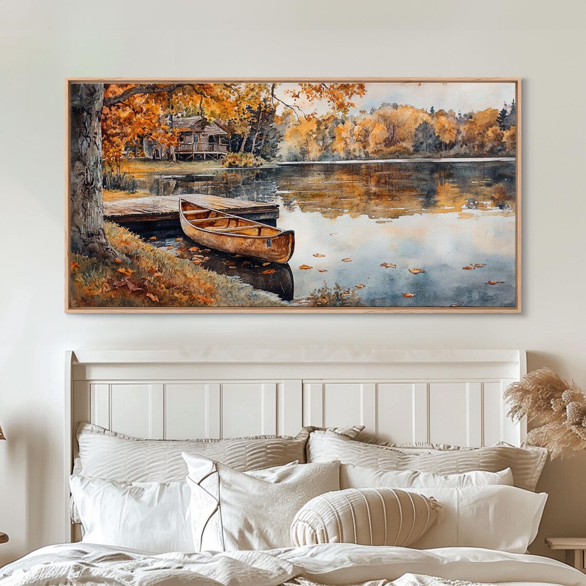 Autumn Canoe On Golden Lake Shore Cabin Woods Watercolor Art Print - Image 3