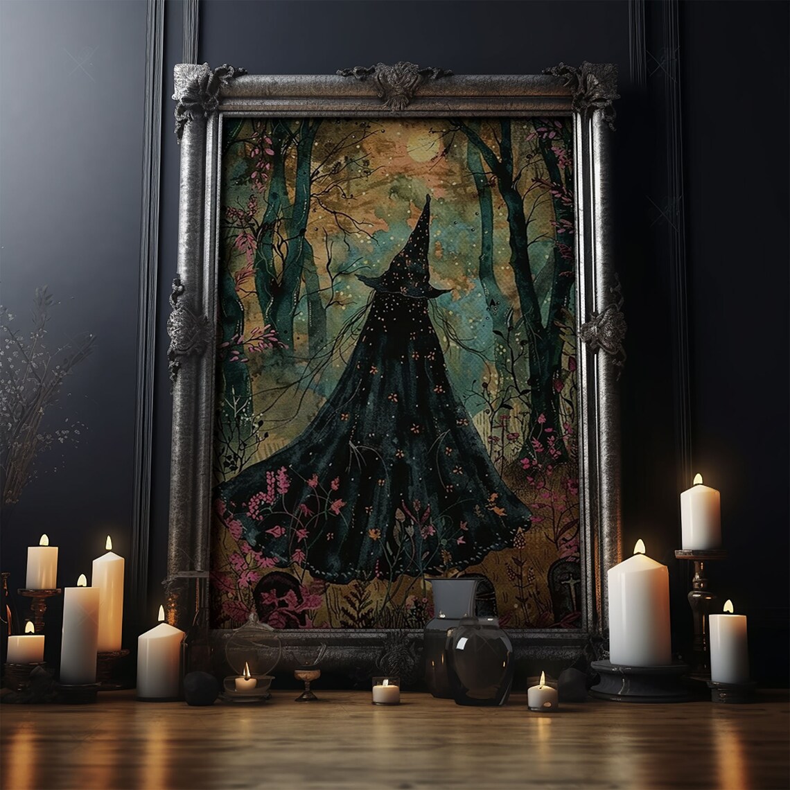 Witch Cloak Moonlit Autumn Forest Starry Night Watercolor Art Poster - Image 4
