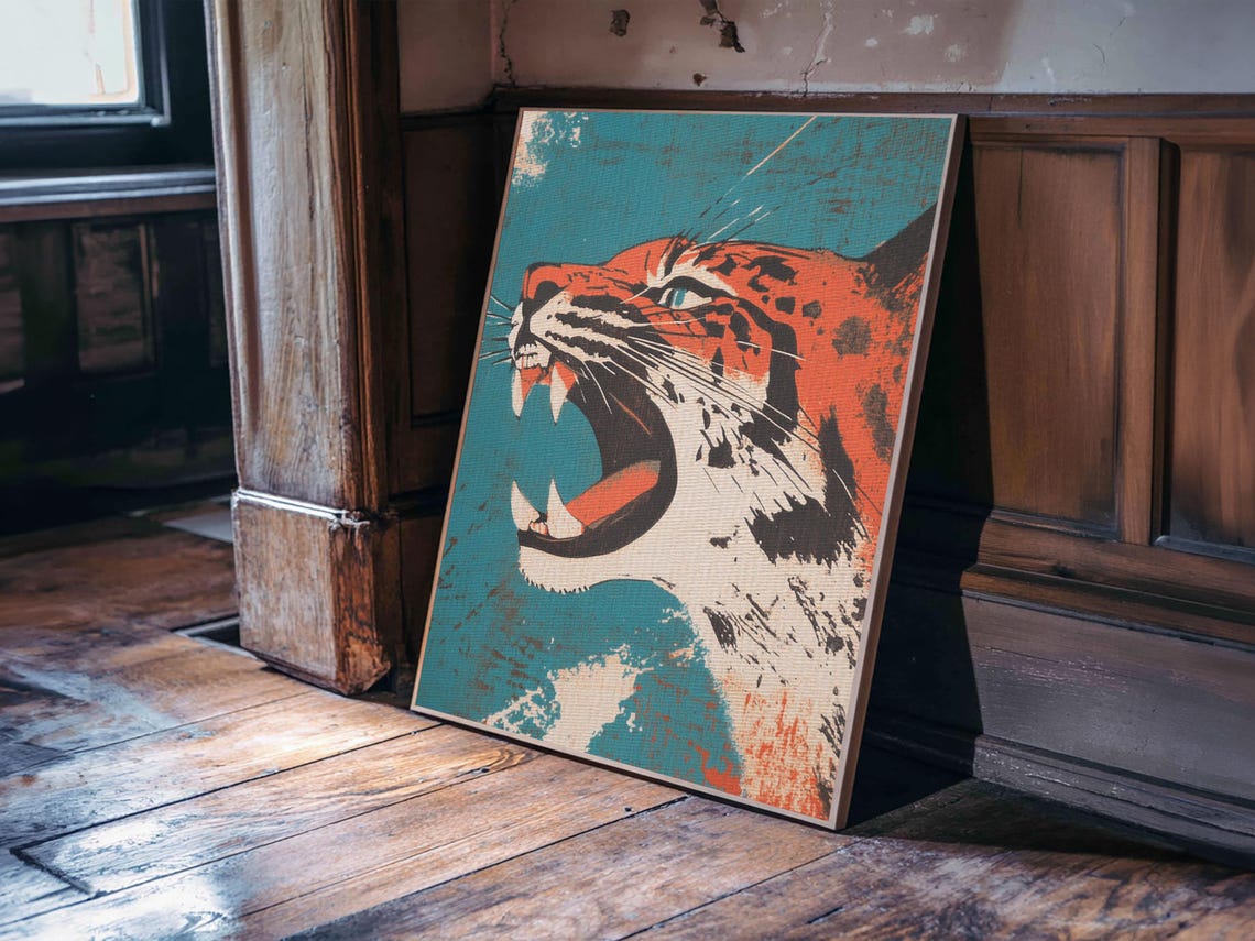 Roaring Tiger Head Bold Orange and Teal Japanese Pop Art Animal Poster - Image 4