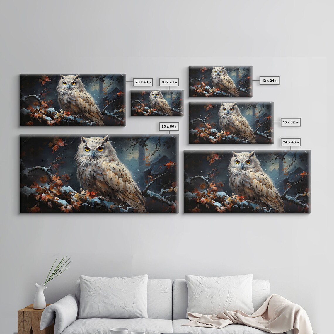 Snowy Owl On Winter Branch Autumn Leaves Night Forest Poster - Image 2