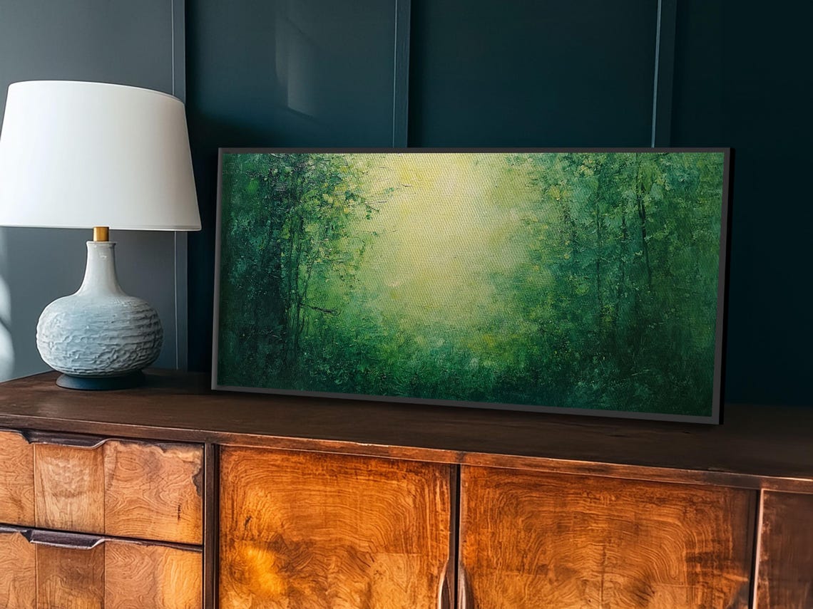 Emerald Green Forest Golden Light Glow Abstract Woodland Poster - Image 3