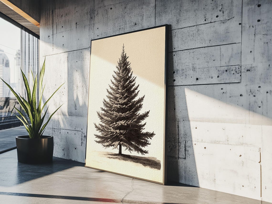 Pine Christmas Tree Pencil Sketch Minimalist Black White Wall Poster - Image 5