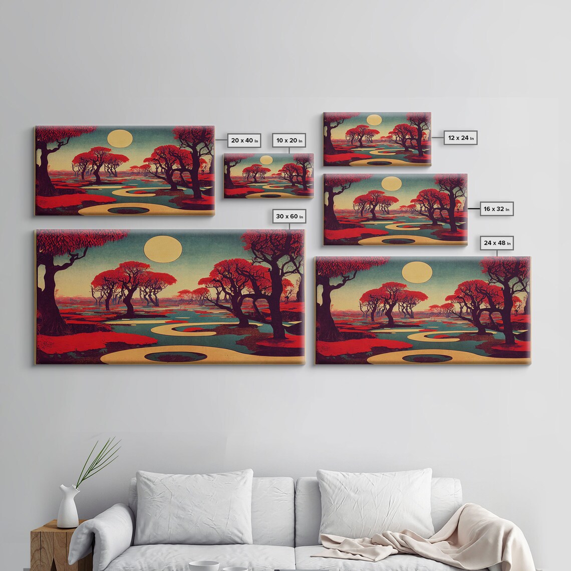 Psychedelic Crimson Red Cherry Blossom Trees Ready To Hang Print Framed Wall Art - Image 2