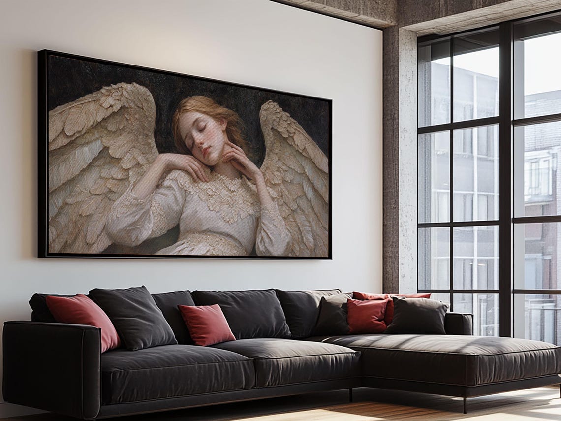 Sleeping Angel Feathered Wings Peaceful Renaissance Style Poster - Image 5