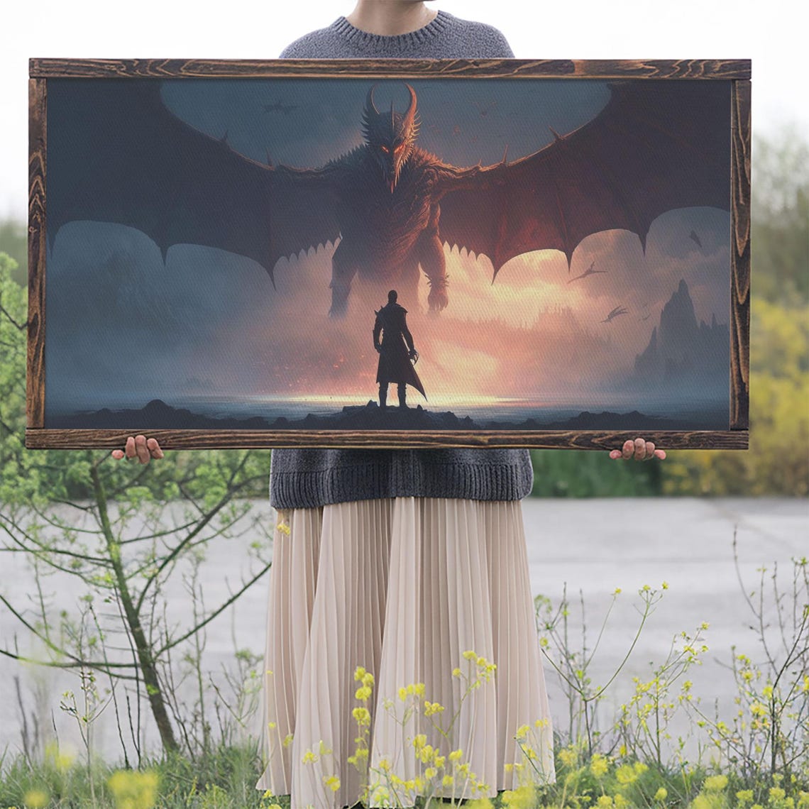 Warrior Facing Giant Dragon Misty Battlefield Epic Fantasy Wall Poster - Image 2