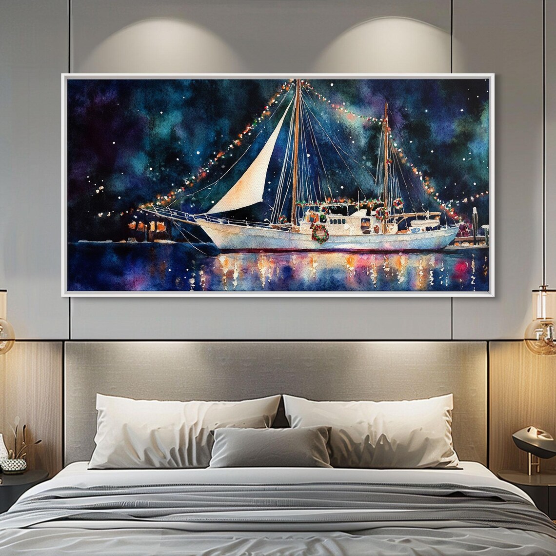 Christmas Sailboat With Holiday Lights Night Harbor Art Print - Image 2