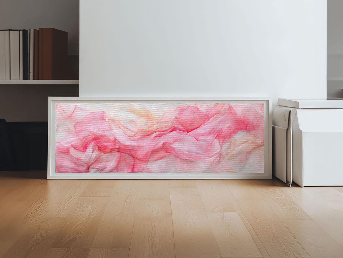Blush Pink Abstract Silk Waves Watercolor Horizontal Canvas Art Poster - Image 6
