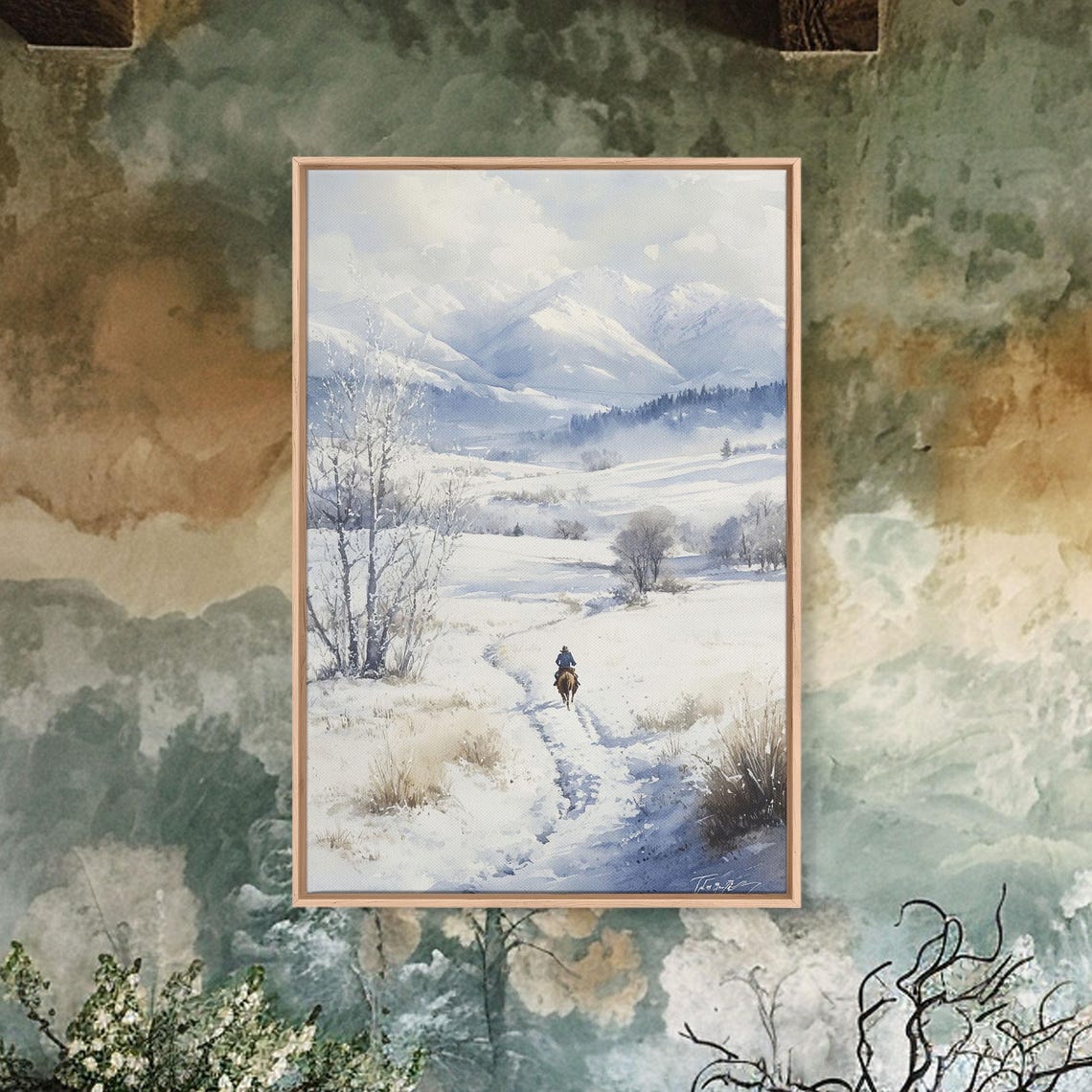 Western Rider In Snow Horseback Mountain Winter Watercolor Wall Art