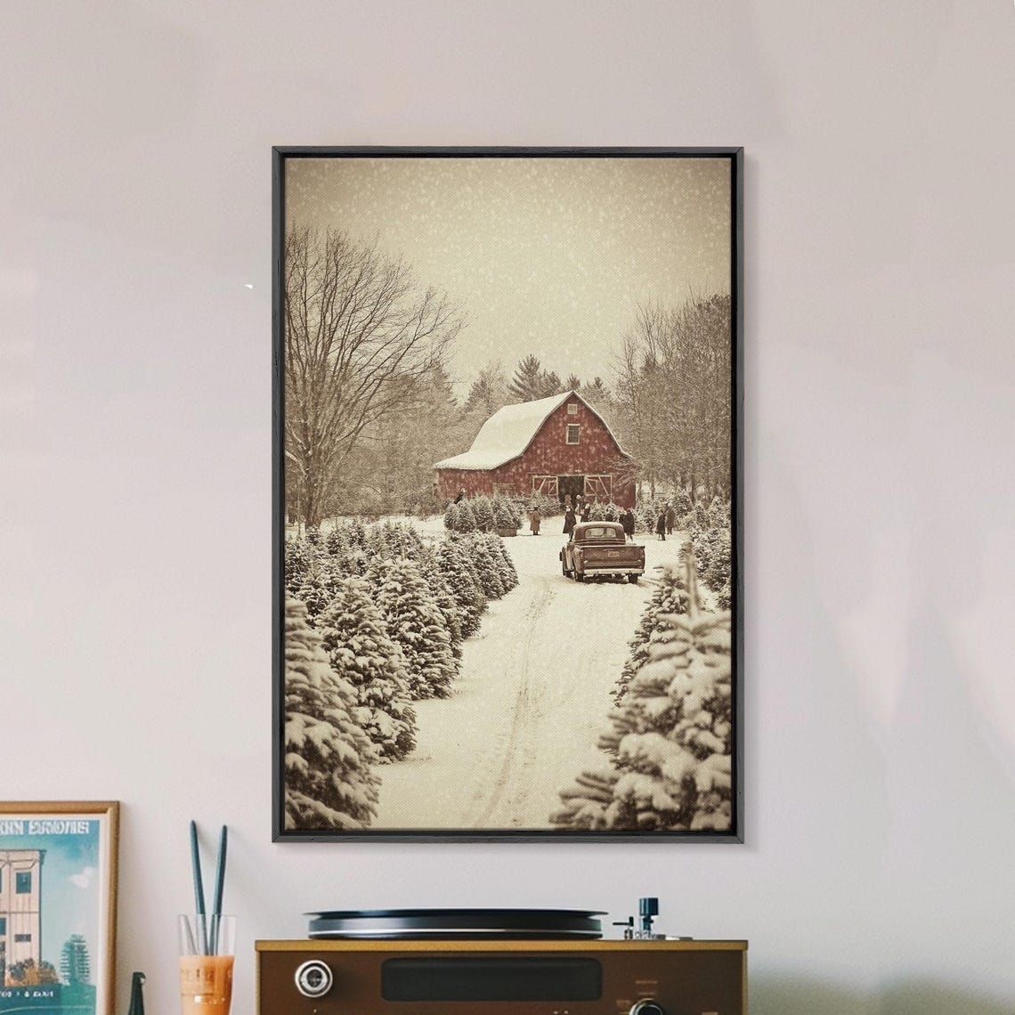 Snowy Red Barn Christmas Tree Farm With Vintage Truck Holiday Poster - Image 3