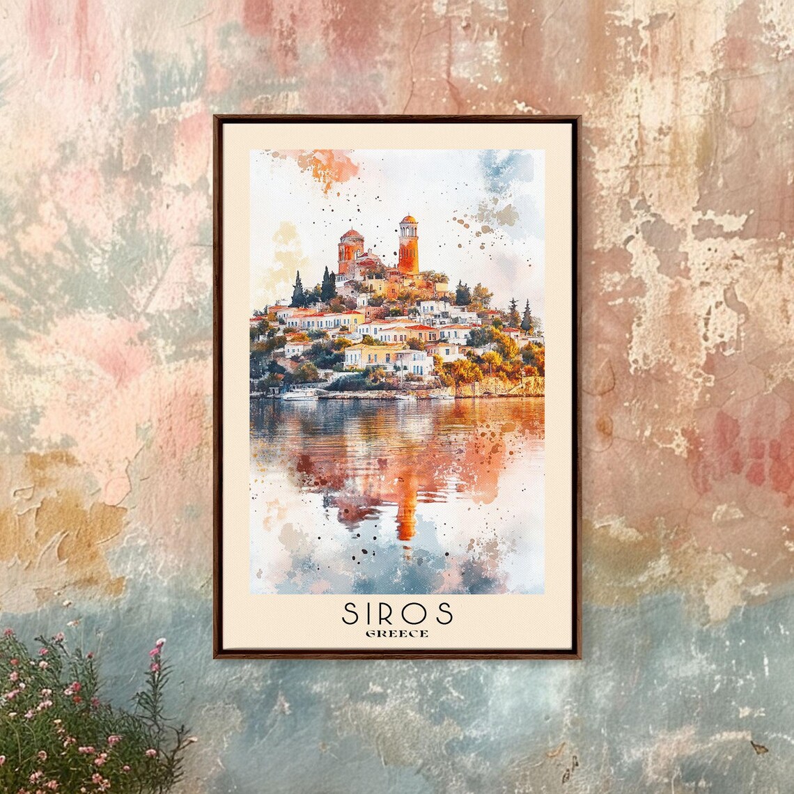 Siros Greece Hilltop Churches Harbor Town Warm Reflection Watercolor Poster - Image 4