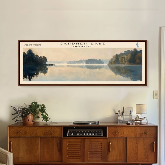 Gardner Lake Connecticut Framed Print Lake House Art Panoramic Wall Art Travel Poster Tranquil Lake Painting Home Decor