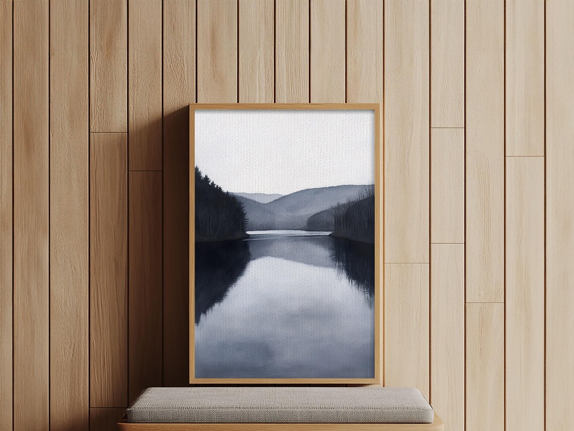 Moody Grayscale Mountain Lake Foggy Forest Black White Landscape Print - Image 4