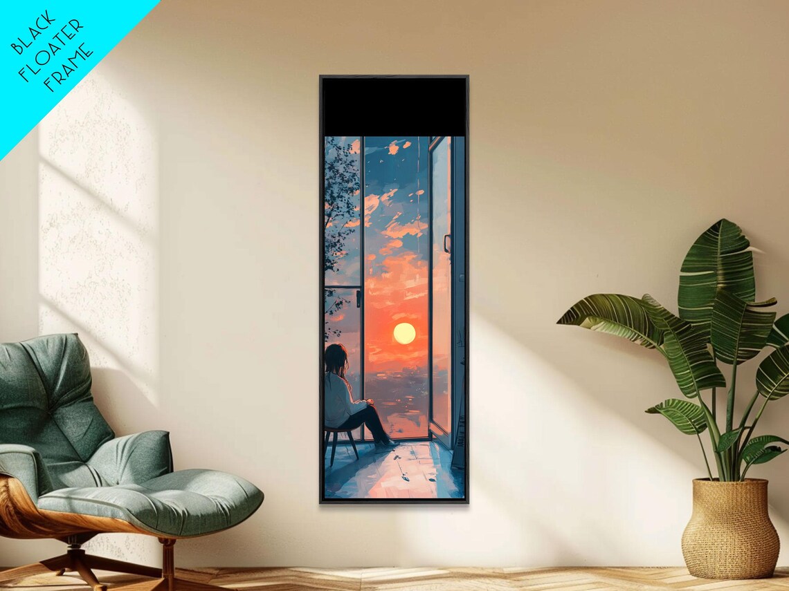 Anime Girl Watching Sunset Tall Window Orange Sky Watercolor Art Poster - Image 6