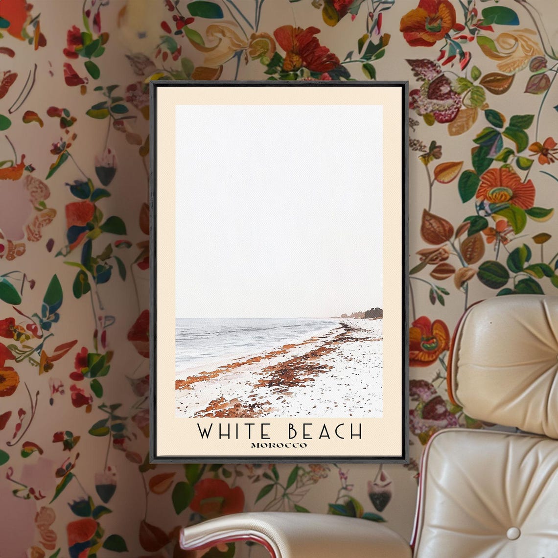 White Beach Morocco Serene Sandy Shore Misty Morning Minimalist Poster