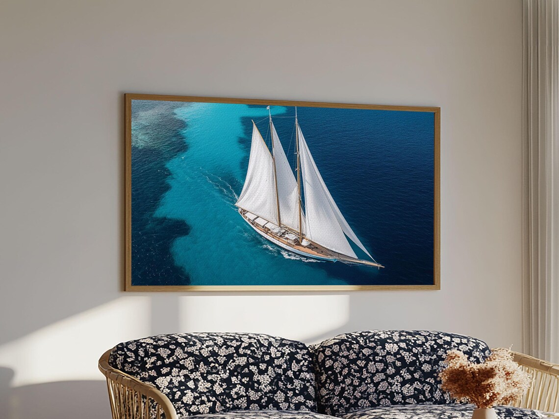 Tall Ship White Sails Turquoise Ocean Aerial Yacht Nautical Travel Poster - Image 6