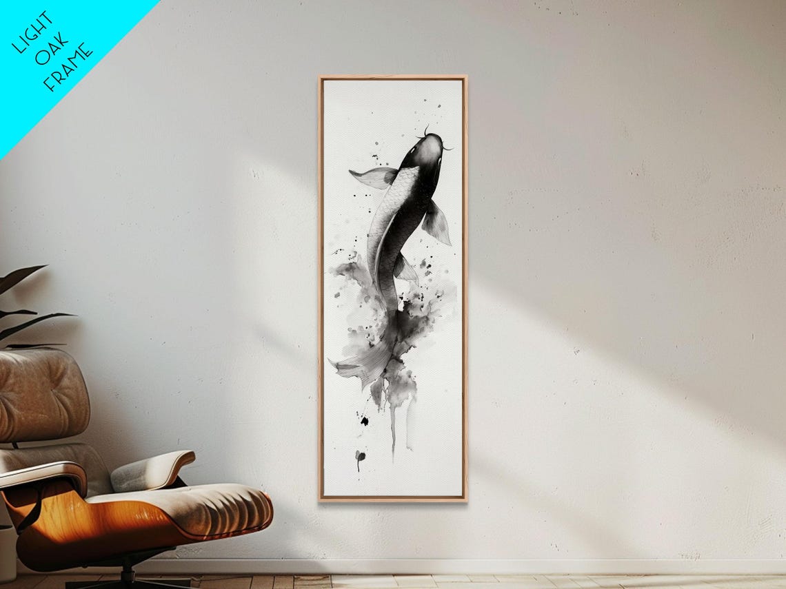 Black Ink Koi Fish Leaping Japanese Sumi E Style Wall Art Poster - Image 3
