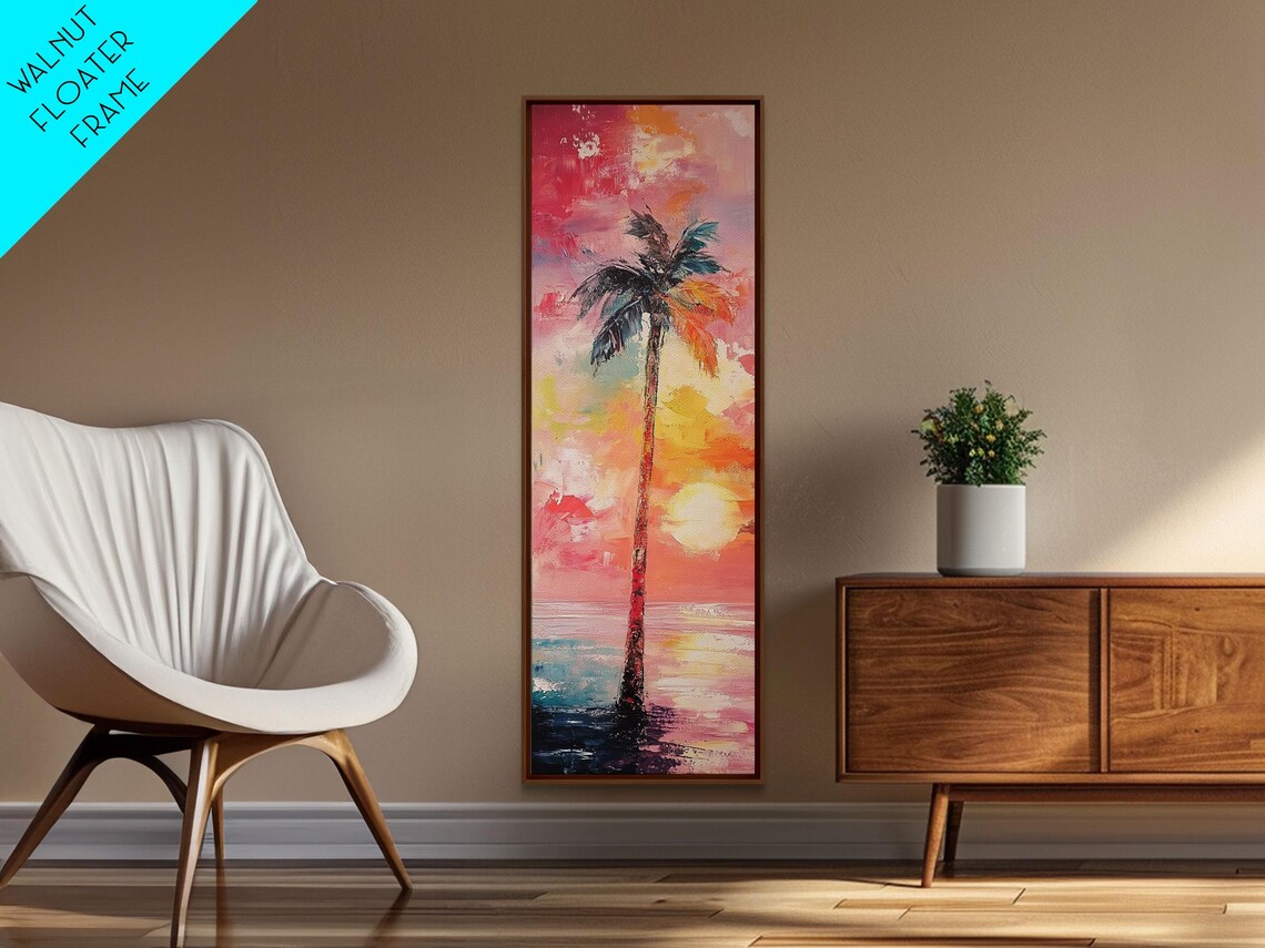 Palm Tree Sunset Ocean Vibrant Pink Impasto Coastal Wall Art - Image 6