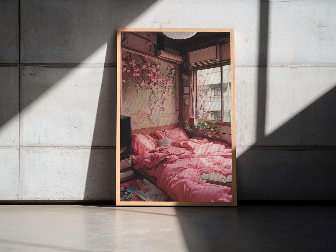 Cozy Pink Bedroom Cherry Blossom Dreamy Interior Room Art Wall Poster - Image 2