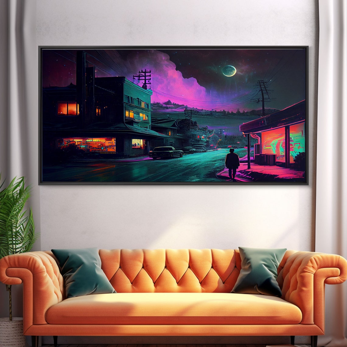Neon City Street Night Moon Lone Figure Retro Sci Fi Town Poster - Image 4