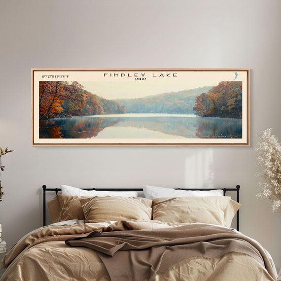 Findley Lake Ohio Framed Print Lake House Art Panoramic Travel Poster Wall Art Vibrant Lake Painting Home Decor