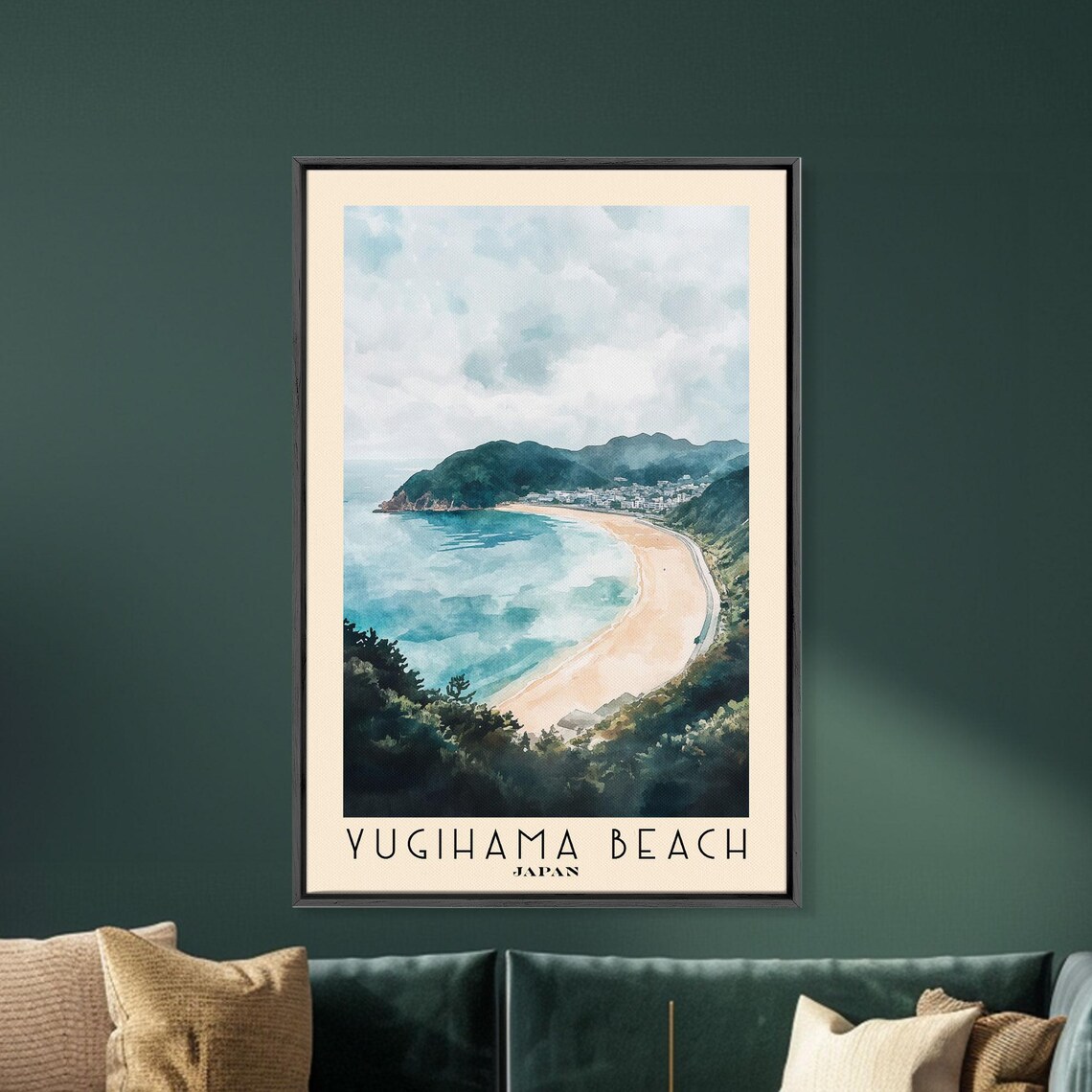 Yugihama Beach Japan Watercolor Curved Bay Green Hills Travel Poster