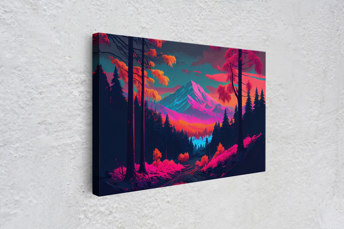 Synthwave Mountain and Forest Watercolor Art Print - Image 4