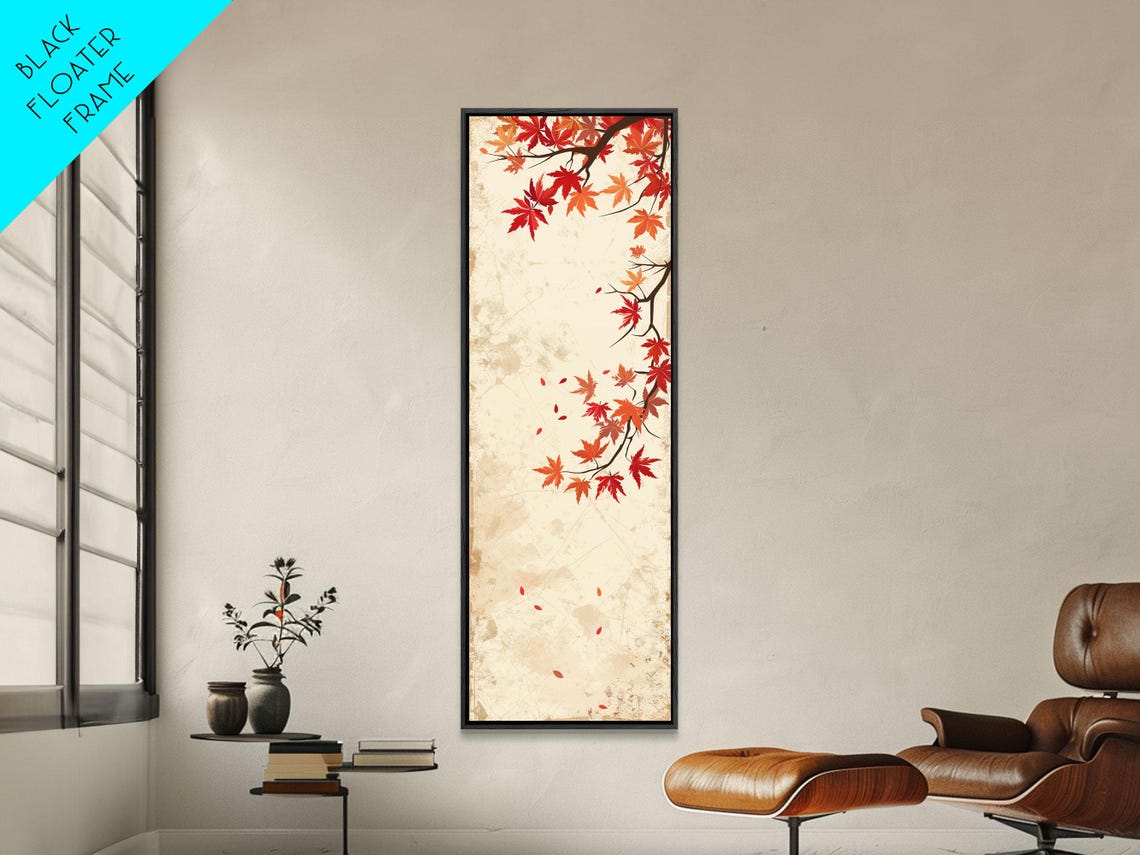 Vintage Maple Branch Red Autumn Leaves Cream Tall Decor Print - Image 3