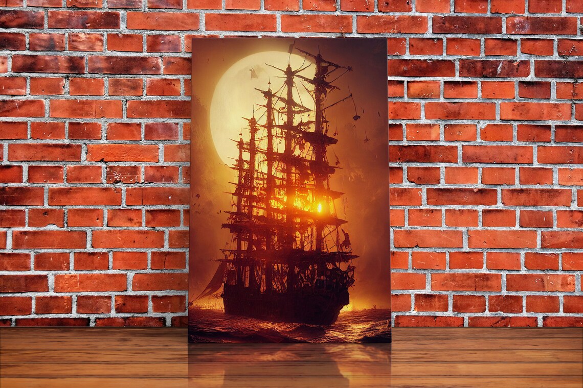 Ghost Ship and Full Moon Spooky Pirate Ship Art Print - Image 2