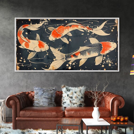 Japanese Koi Fish Trio Ukiyo E Style Dark Teal Water Zen Art Poster