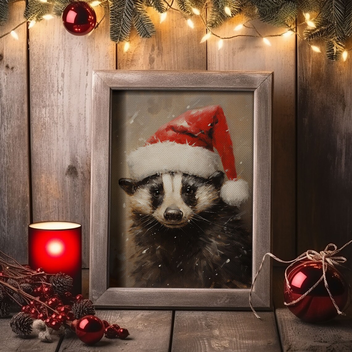 Cute Badger Wearing Red Santa Hat Snowy Christmas Animal Poster