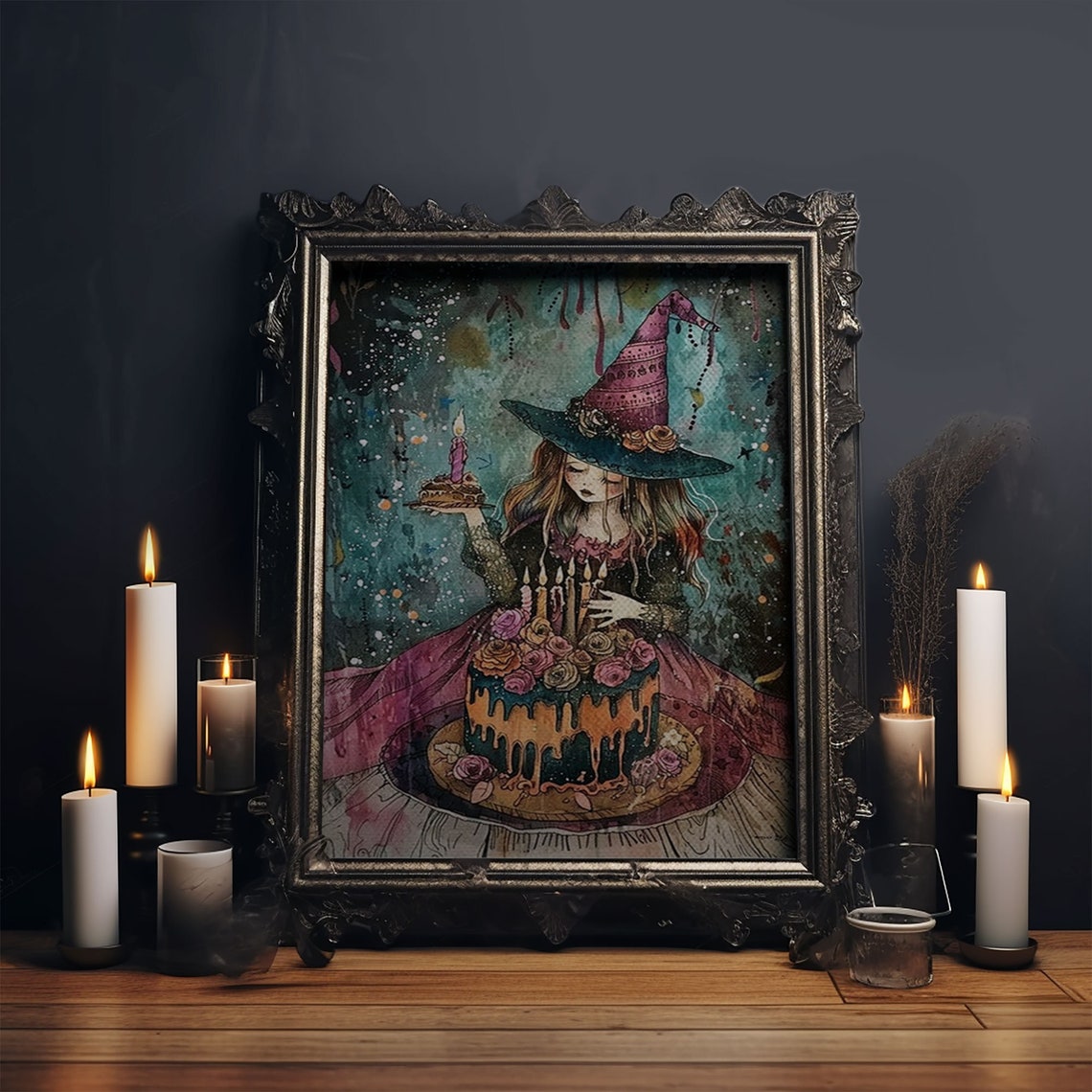 Witch Birthday Party Cake Candles Cute Whimsical Watercolor Poster - Image 6