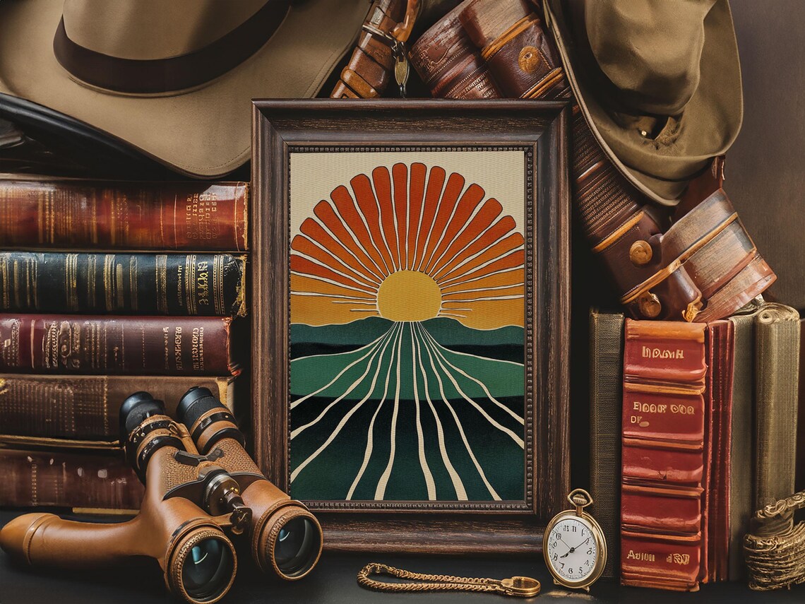 Retro Sunrise Sunburst Over Green Hills Art Deco Style Poster - Image 2