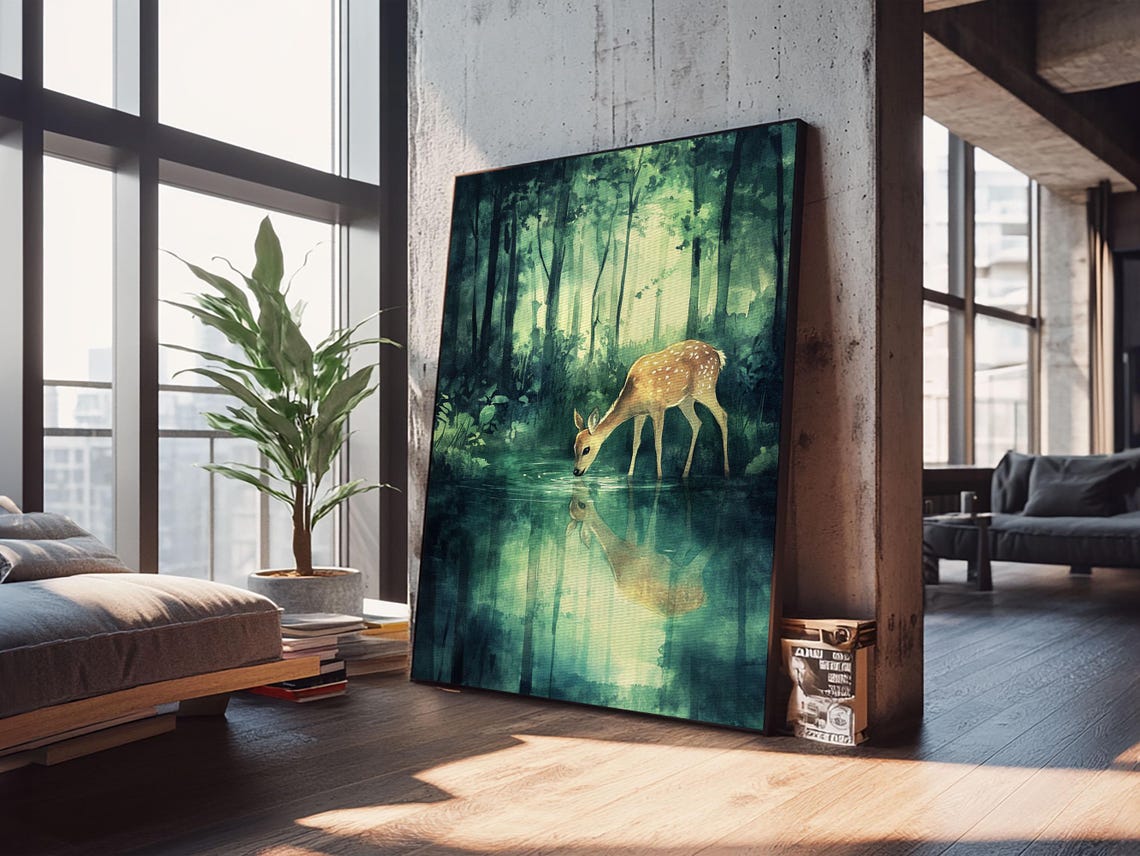 Young Deer Drinking Water Forest Reflection Watercolor Wildlife Poster - Image 3