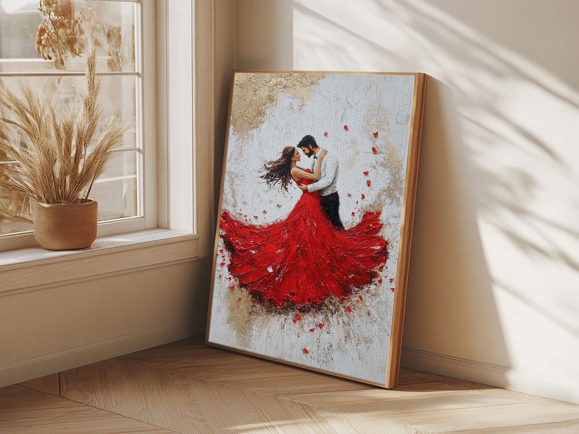 Couple Dancing In Flowing Red Dress Romantic Embrace Painting Poster - Image 6