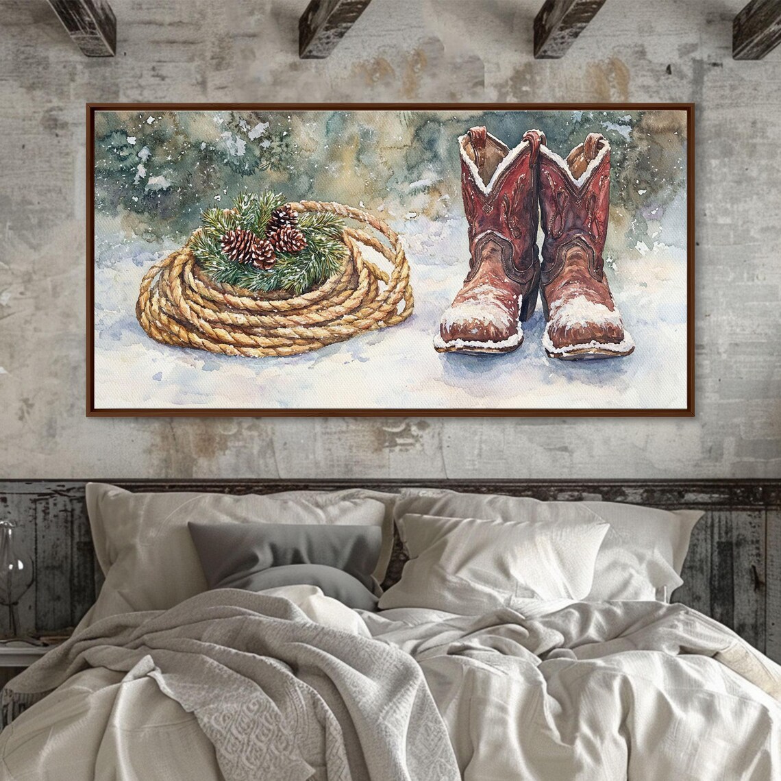 Cowboy Boots Lasso Pine Cones Snow Western Christmas Art Print - Image 6