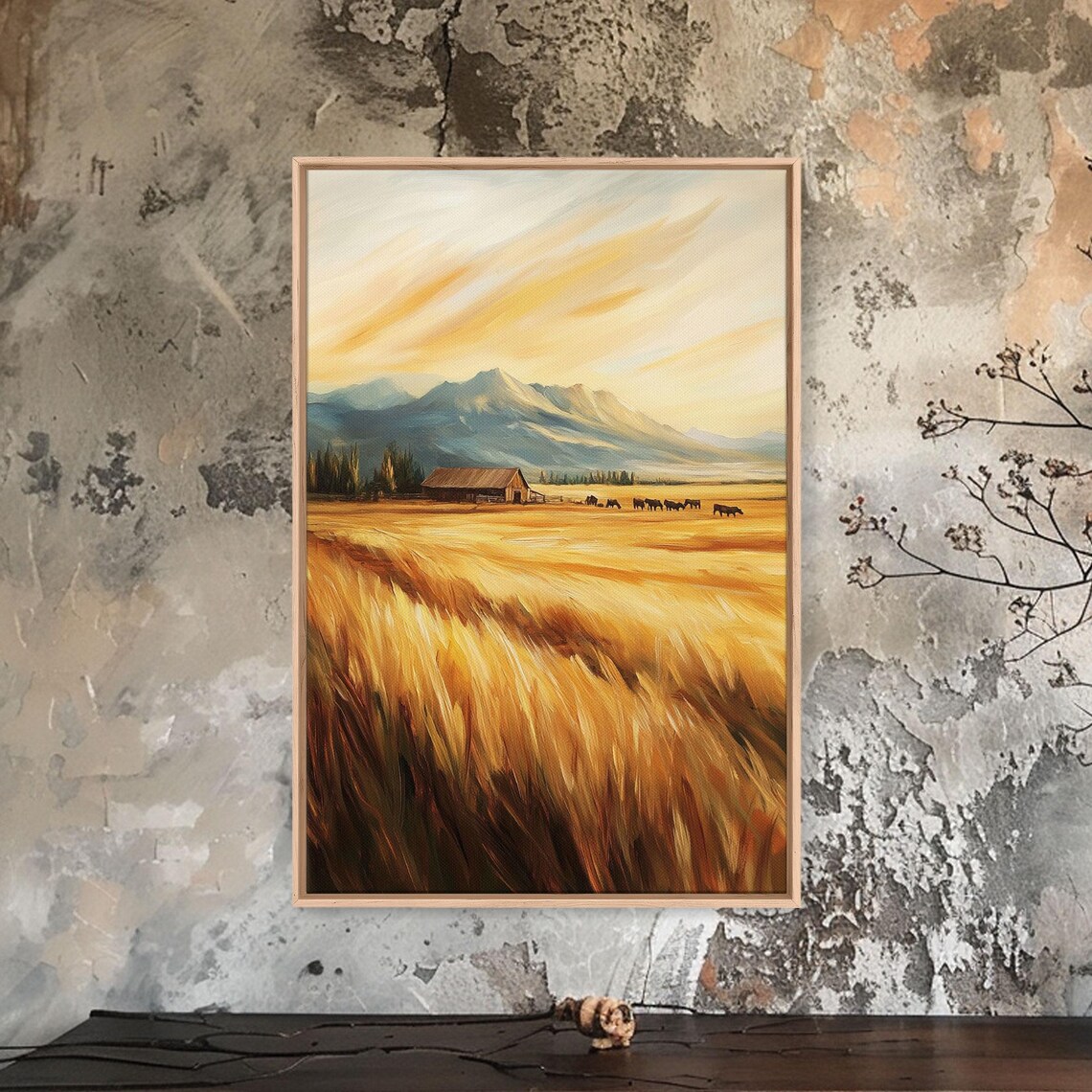 Golden Wheat Field Farm With Barn Cattle Mountain View Poster - Image 2