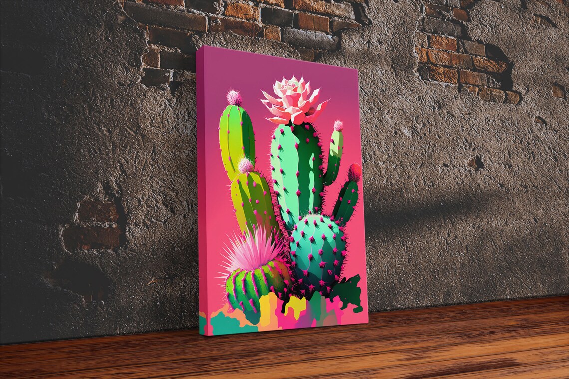 Neon Pop Art Cactus Blooming Flowers Hot Pink Background Art Poster - Image 2