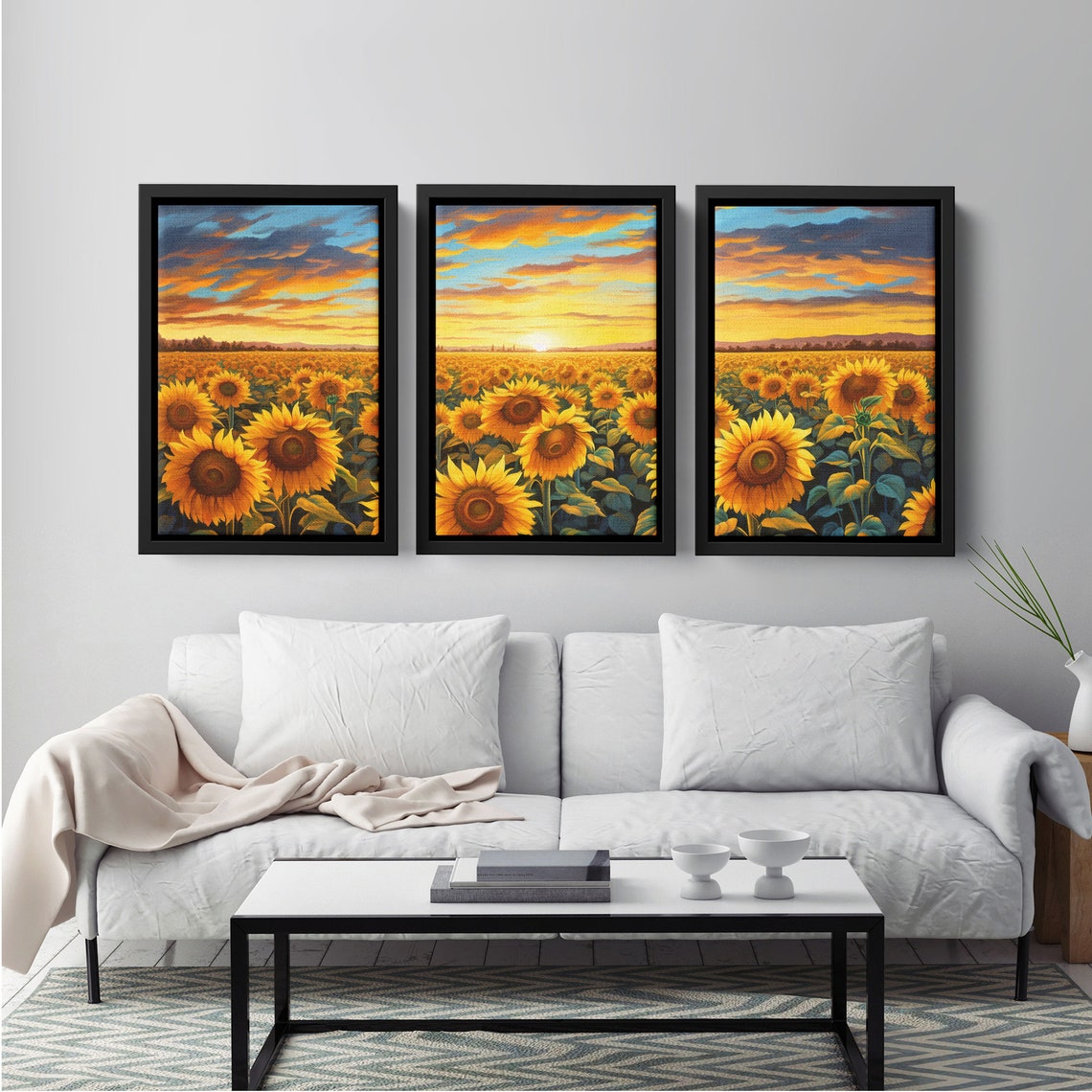 Sunflower Field Sunset Triptych Vibrant Golden Blooms Wall Art Poster - Image 4
