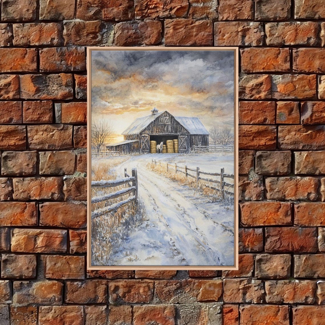 Winter Barn Snow Horse Split Rail Fence Moody Sky Watercolor Wall Art - Image 2