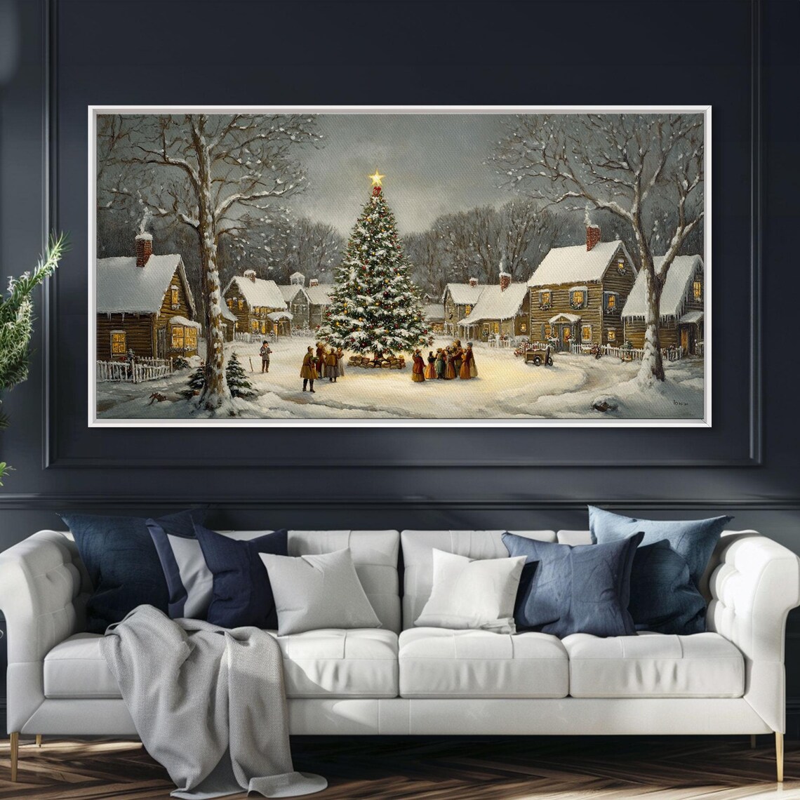 Christmas Tree in Snowy Village, Rustic Holiday Art Print