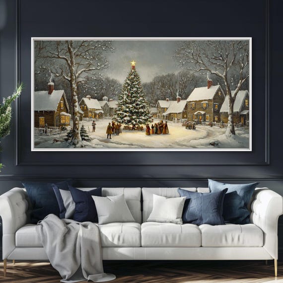 Christmas Tree in Snowy Village, Rustic Holiday Art Print