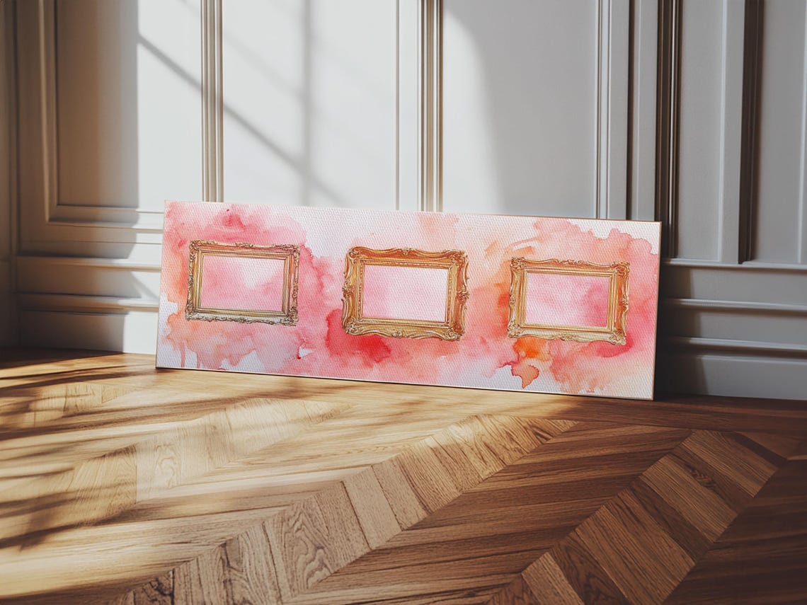 Gold Picture Frames Trio Pink Watercolor Panoramic Canvas Poster - Image 6