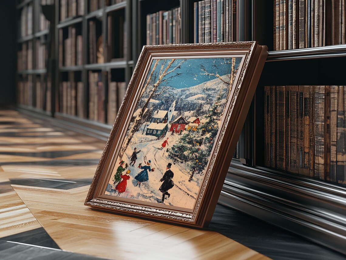 Ice Skaters Snowy Christmas Village Mountain Street Vintage Art Poster - Image 2